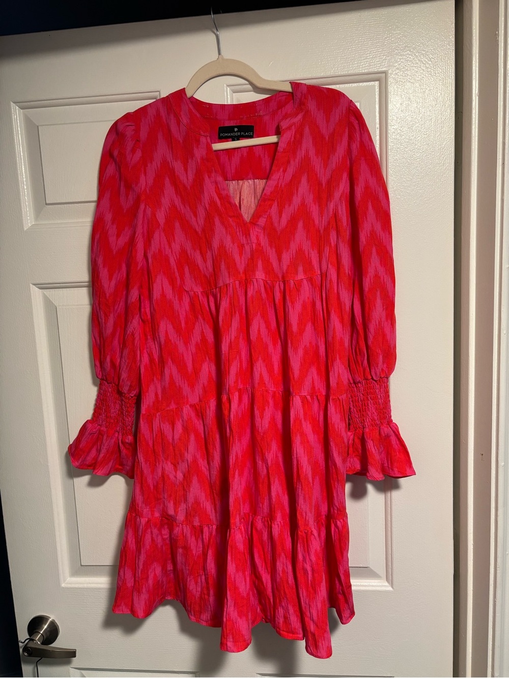 Tuckernut Pomander Place Hot Pink and Red Ikat V-Neck Tiered Dress - Picture 2 of 8
